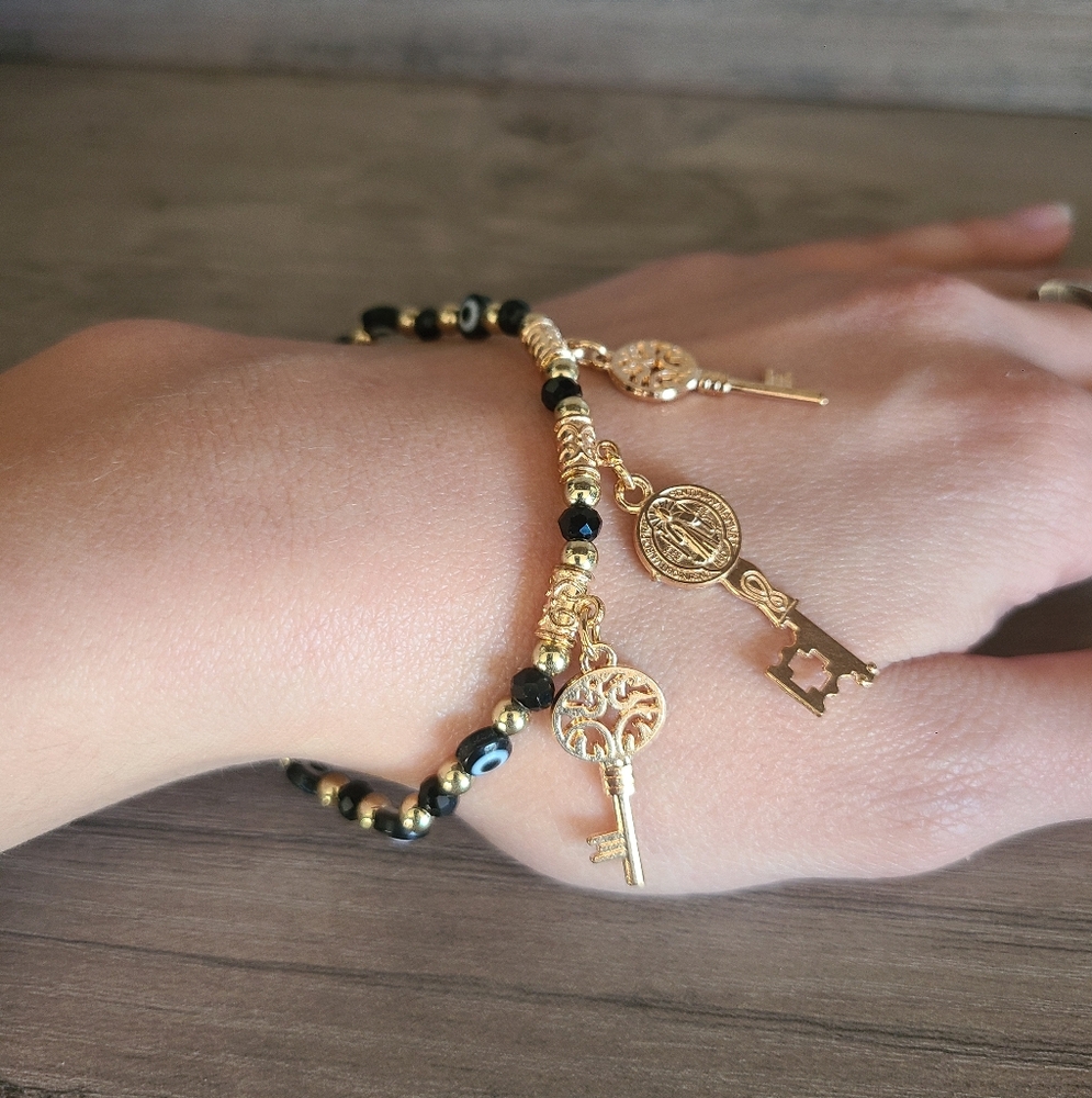 Key charm bracelet, tree of life charm, evil eye bracelet, black and gold